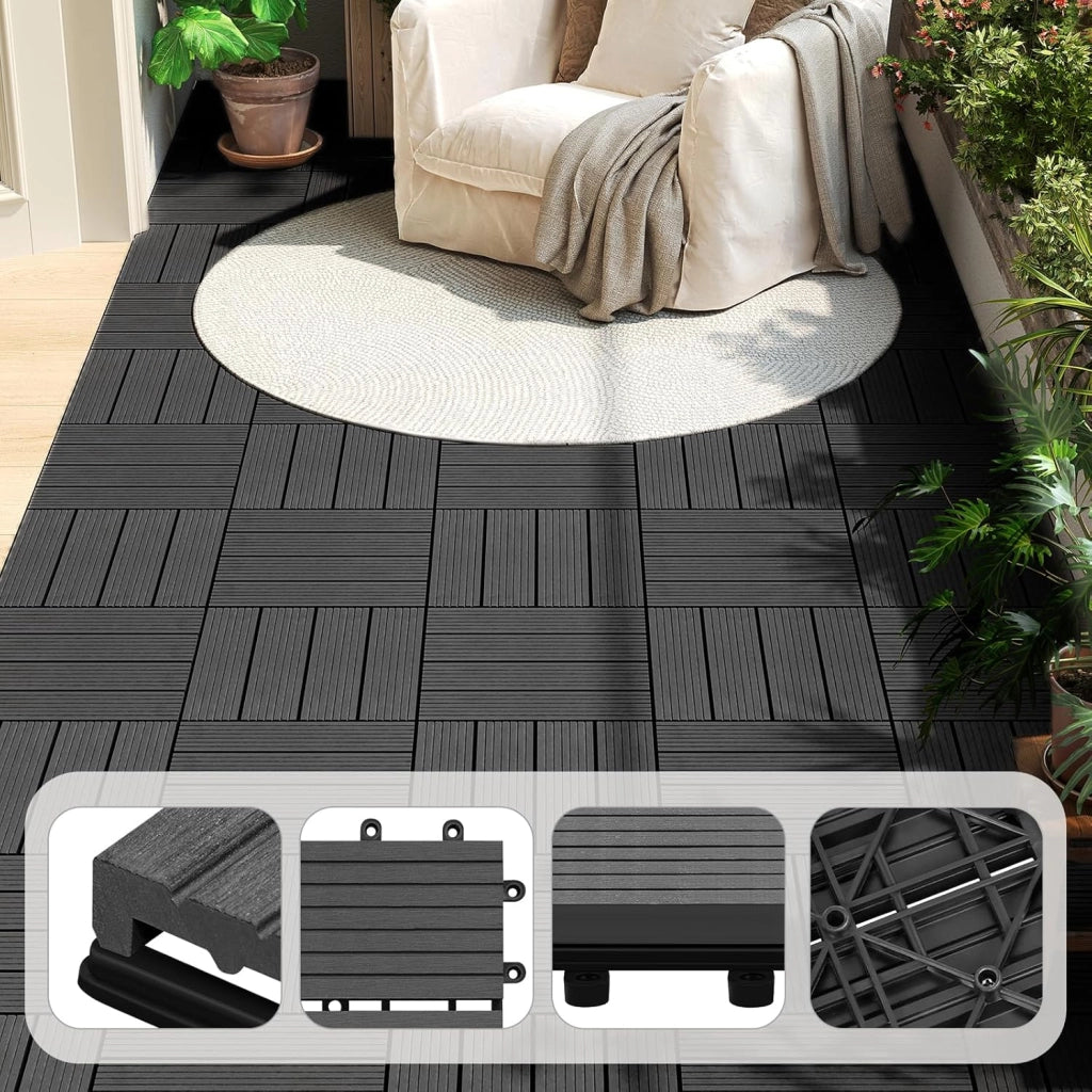 WOLTU Piastrelle per Pavimenti da Esterno Balcone/Giardino/Terrazza Pavimentazione ad Incastro in WPC, Legno Composito, con 11 Pannelli da 30x30 cm Antracite