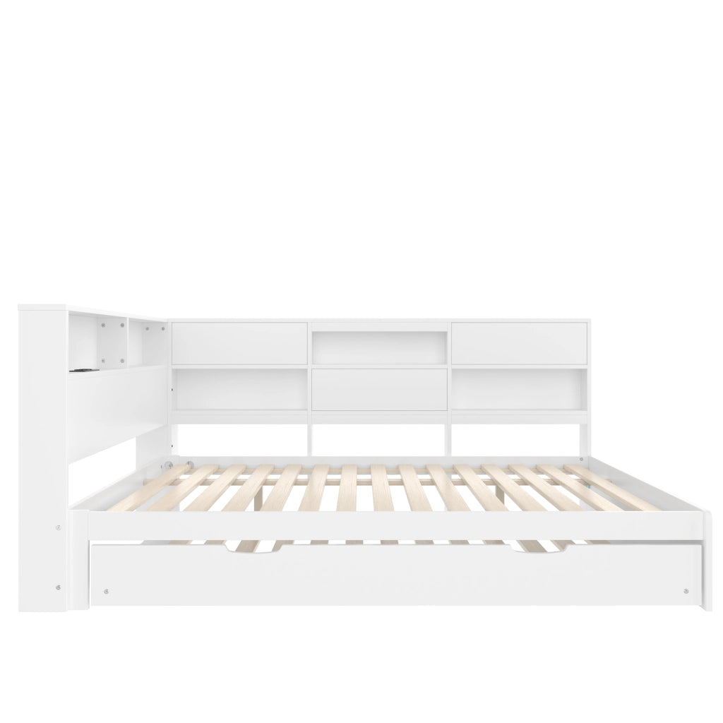 OKWISH Letto a Divano 140×200 cm, Letto Matrimoniale con Letto Estraibile, Contenitore a L, USB, Tipo C e Scomparti, senza Materasso, Bianco