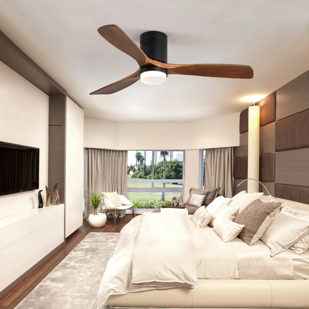 Ventilatore da soffitto 132 cm con luce LED 18W, 3 pale in legno, nero