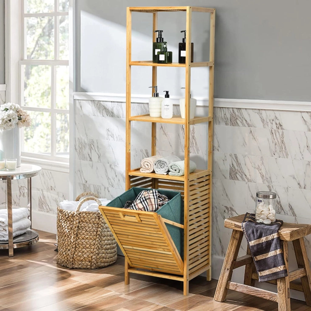 Scaffale Bagno in Bambù, Mobile da Bagno con Cesto Portabiancheria, Scaffalatura da Bagno, 3 Ripiani, Marrone, 40x33x160 cm
