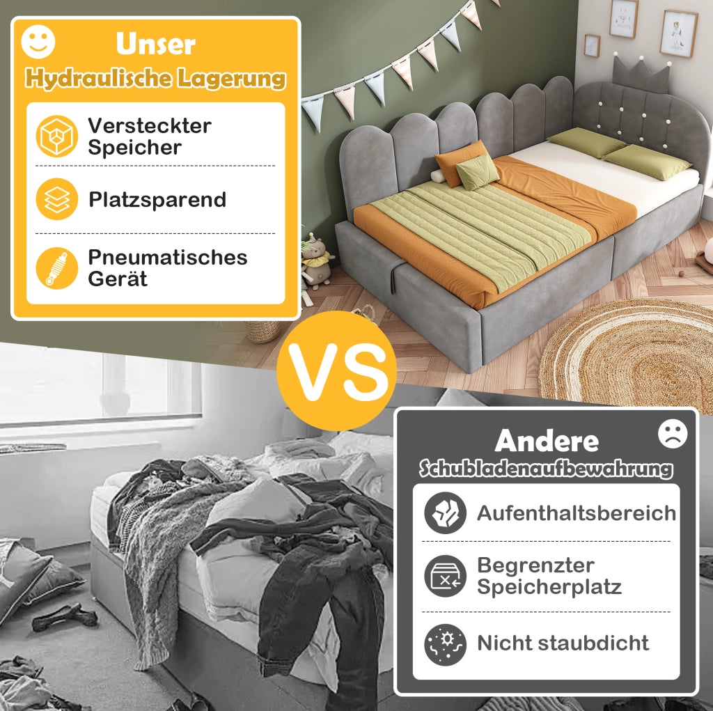 Letto daybed L-forma 90x190 cm in velluto grigio con contenitore e design a corona