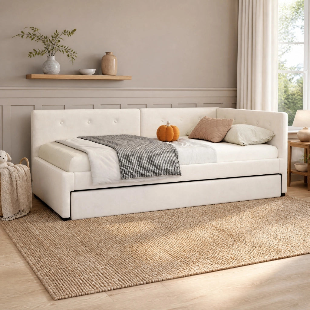 Letto singolo imbottito 90x200 cm con rollbed estraibile; velluto beige