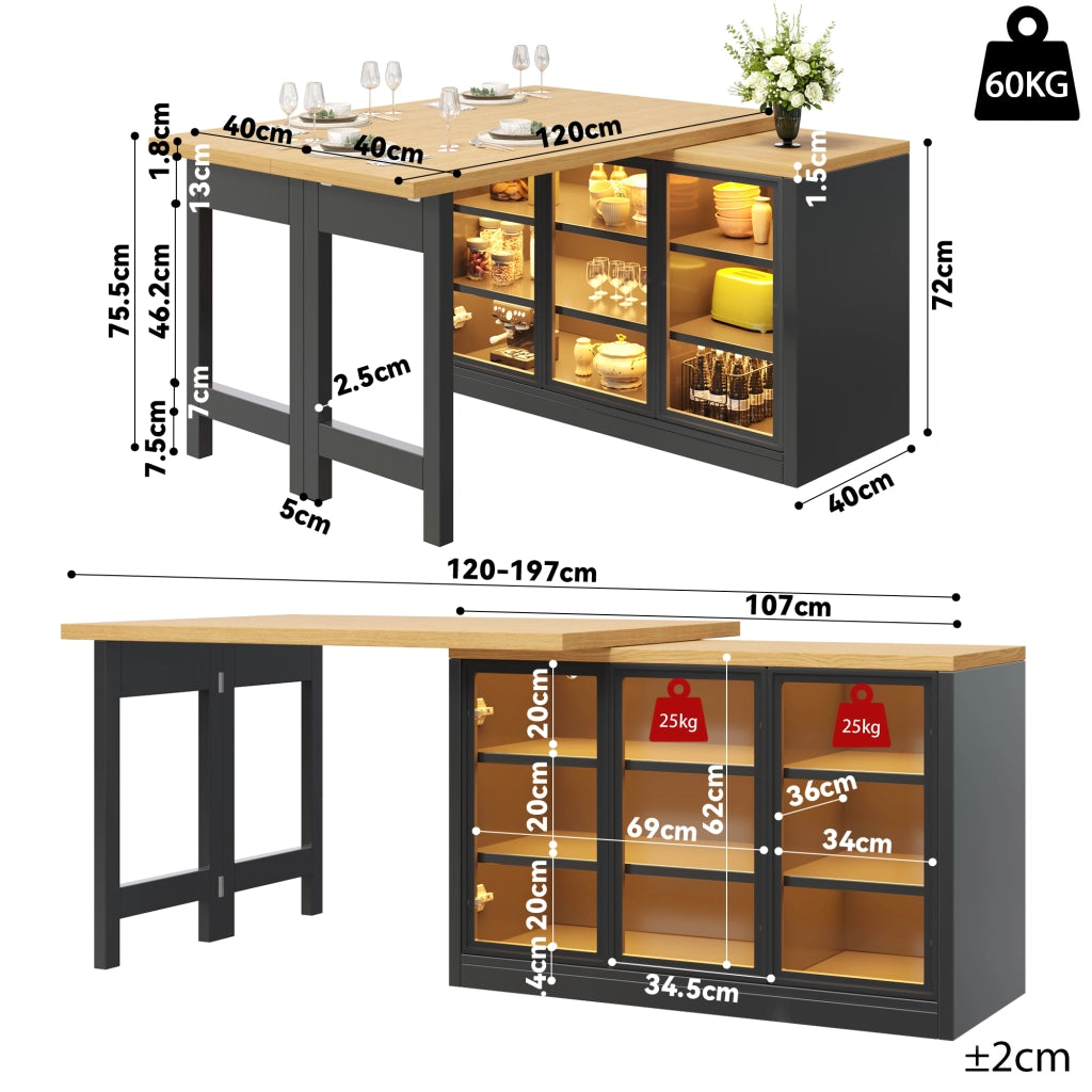 mobile contenitore multifunzione con tavolo da pranzo estensibile; ante in vetro push-to-open; per cucina e sala da pranzo
