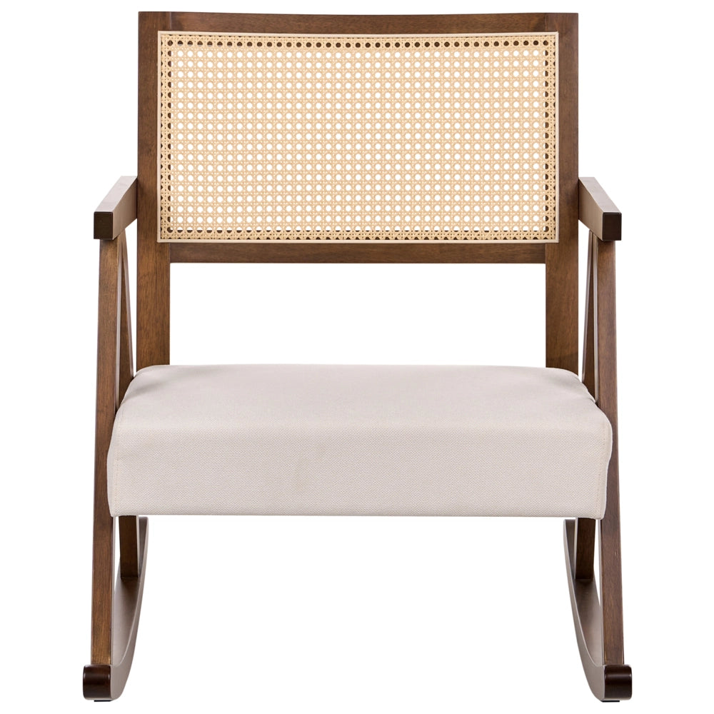 Poltrona a dondolo imbottita con schienale Vienna stile scandinavo struttura in legno di gomma tessuto marrone e beige chiaro