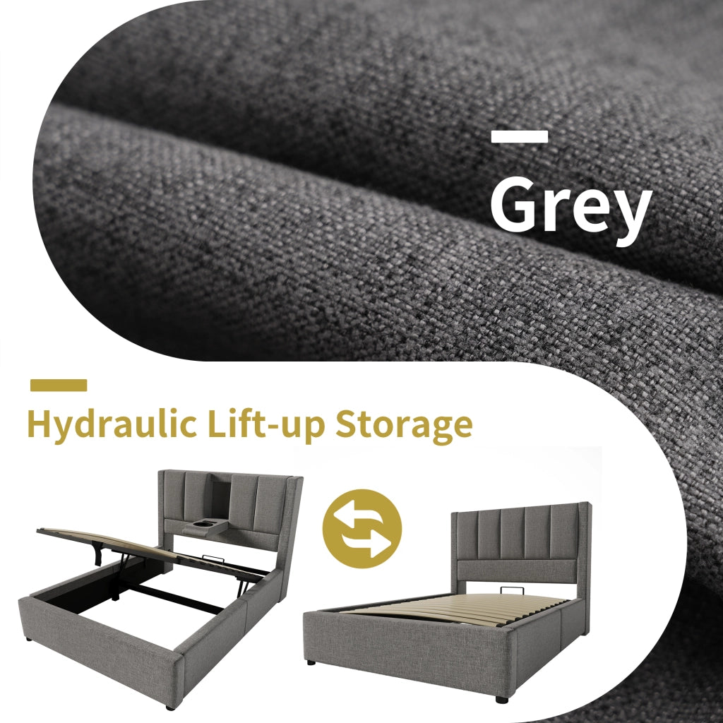 Letto imbottito singolo 90×200 cm con contenitore; testiera con USB e Type-C; materasso incluso; grigio