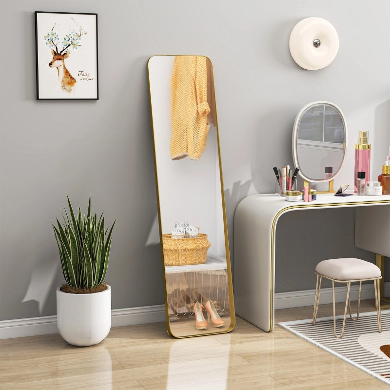Specchio da terra a figura intera 160 x 40 cm con telaio in metallo dorato, appoggio a parete e vetro antisfondamento