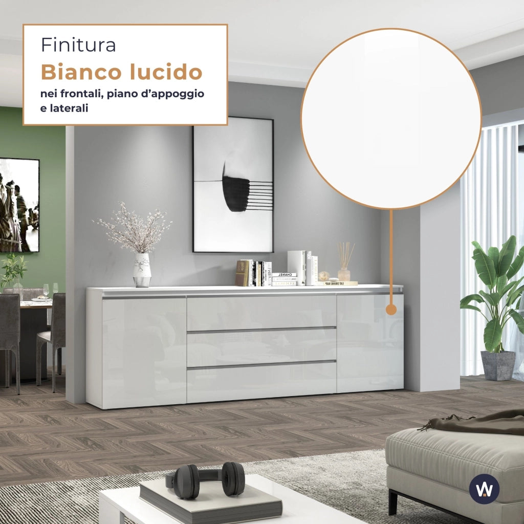 WHOUS Credenza cassettiera Magic con 2 ante e 3 cassetti bianco lucido 240x40x80 cm