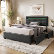 LETTO Singolo 90x200 cm in Lino Grigio con LED e 2 Cassetti