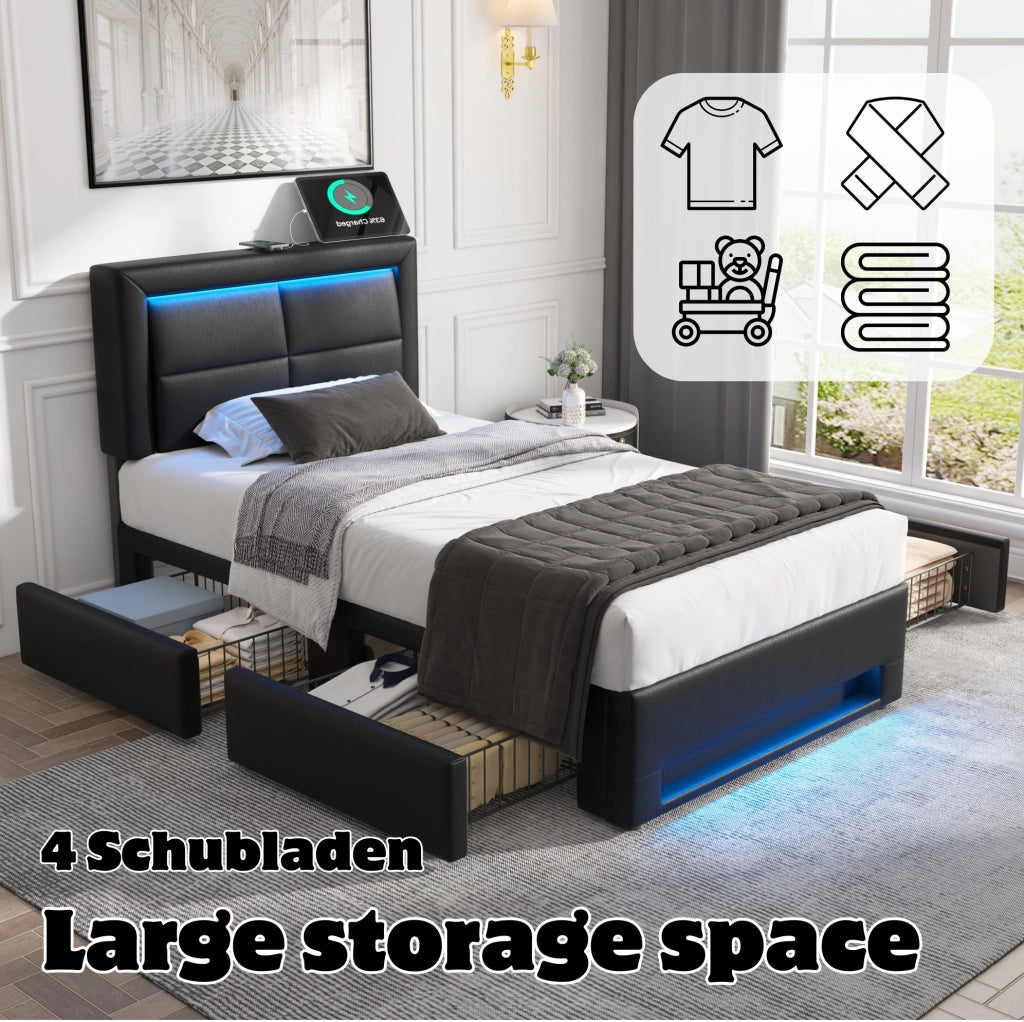 Letto imbottito 90x200 cm con LED, USB e 4 cassetti