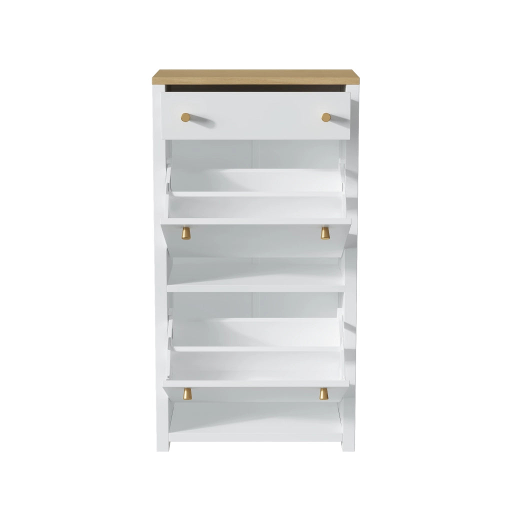 Scarpiera slim a ribalta con cassetto, 2 ante e ripiani regolabili, MDF bianco effetto legno, 50 x 25 x 95 cm