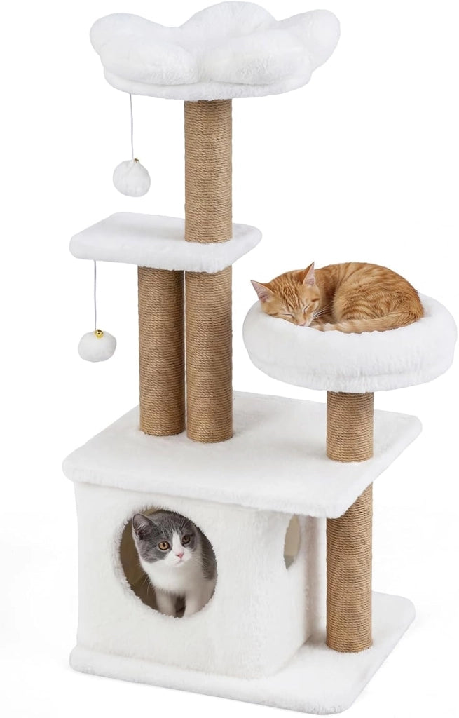 Albero per Gatti, Alberi Tiragraffi Alta 96 cm con Poggiolo Imbottito a Forma di Fiore, Condo Accogliente & Letto per Gatti, 2 Palline con Campanelli Appese & Posti per Graffiare (Grigio)