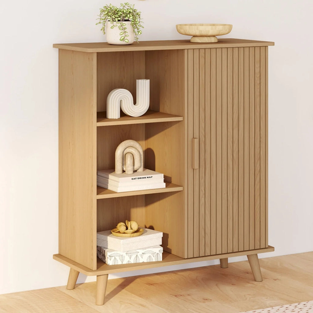 IDMarket - Credenza con 3 ripiani e armadio 70 cm JULIETTE effetto doghe in legno