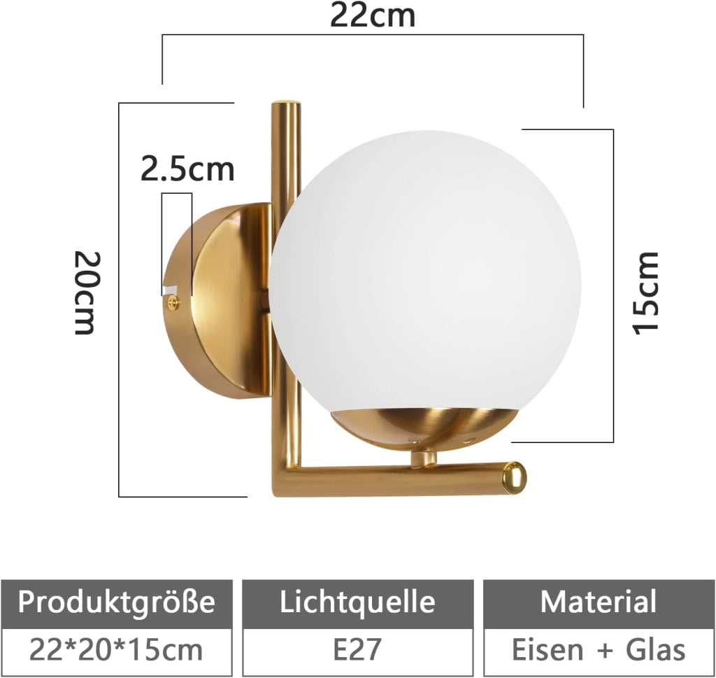ZMH Lampada da parete moderna per interni in oro con paralume in vetro E27 applique da parete corridoio camera da letto
