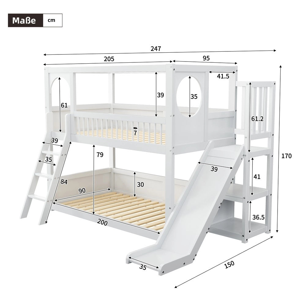 Letto a Castello Bambini con Scivolo e Scaffale ¨C Xylo ¨C Bianco 90x200