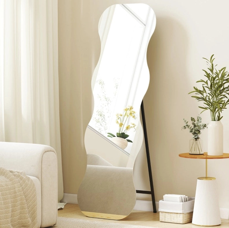 Miroir sur pied 160x50 cm noir sans cadre base en pin ondulé