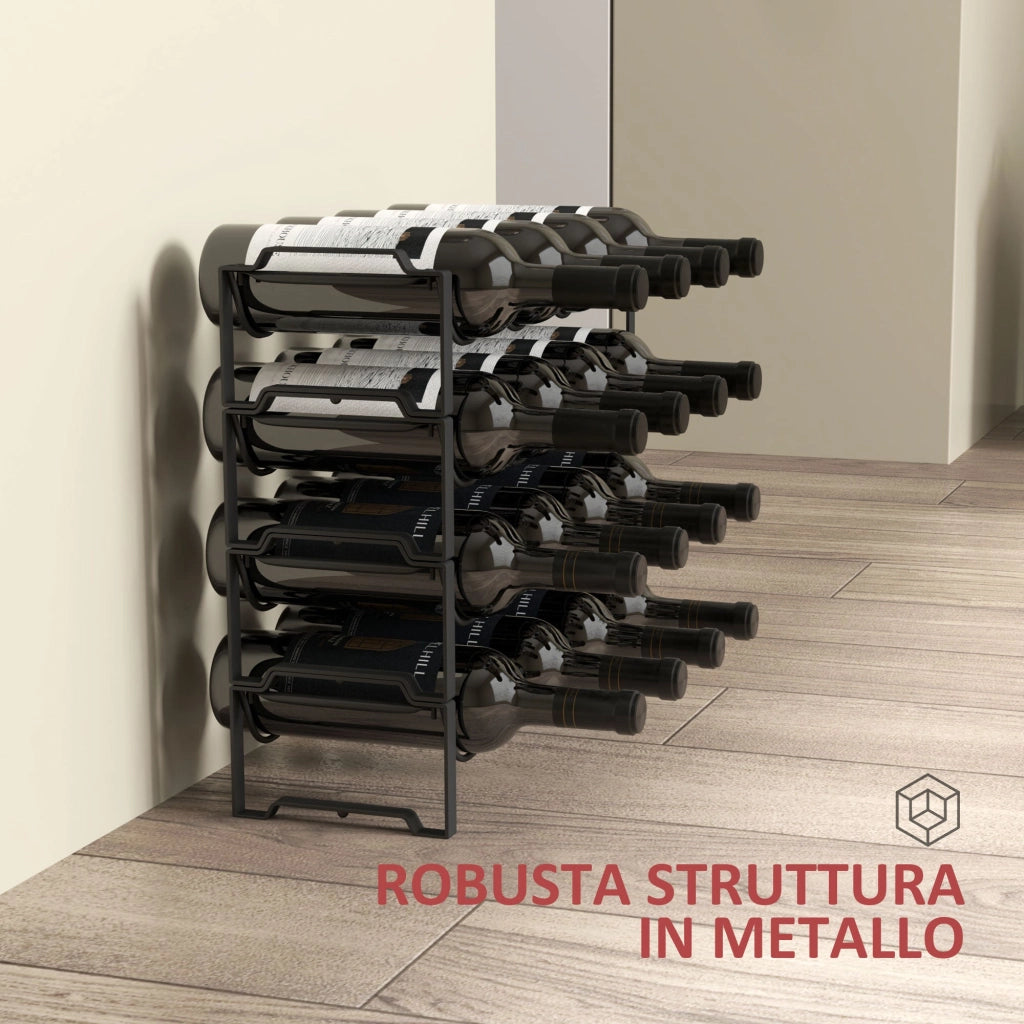 Portabottiglie a 4 Livelli a Onda 42.5x16,5x41 cm Impilabili per 16 Bottiglie in Metallo Nero