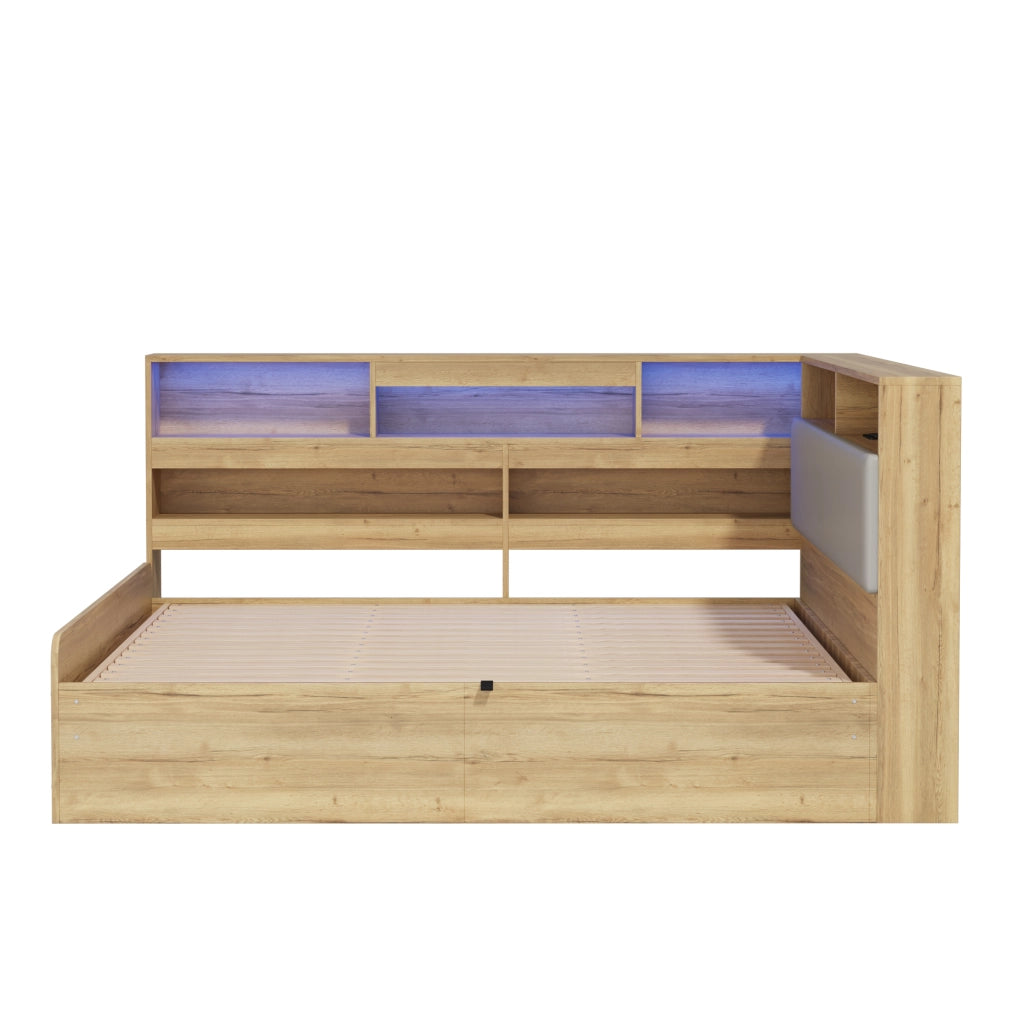 Letto per bambini 90 × 200 cm et 140 × 200 cm contenitore idraulico, LED, USB et USB-C, senza materasso, in MDF, naturale