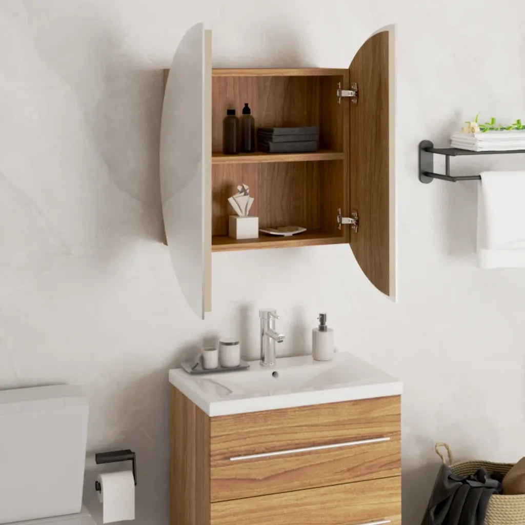 Armadio da Bagno con Specchio Rotondo e LED Rovere 47x47x17,5cm 345586