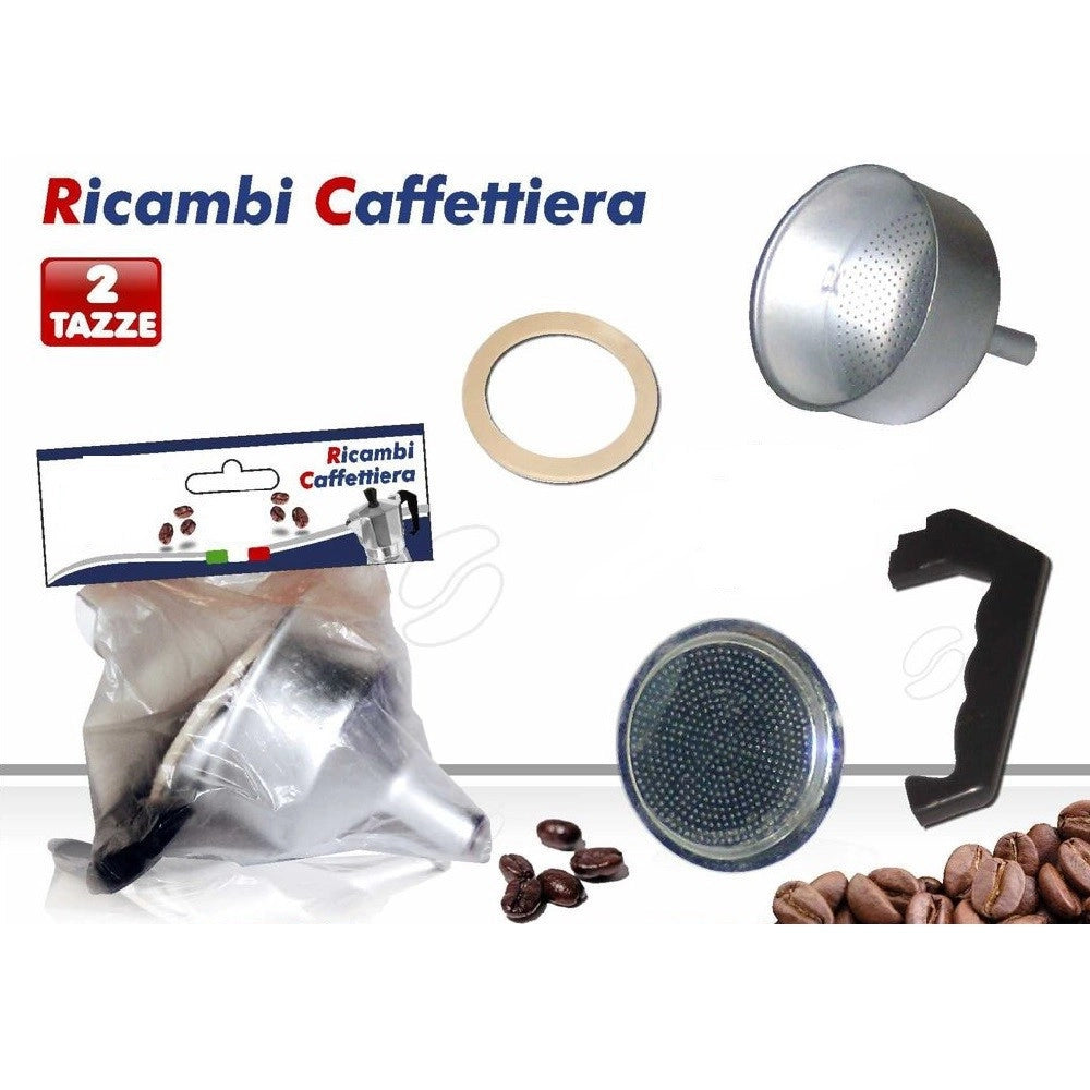 Trade Shop - Kit 4pz Ricambi Filtro Guarnizione Manico Imbuto Caffettiera Moka Misura 2 Tazze -