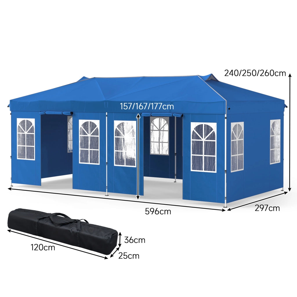 Gazebo da esterno pieghevole 3 x 6 m con pareti rimovibili striscie riflettenti sacchi di sabbia, Tendone pop up regolabile in altezza Blu