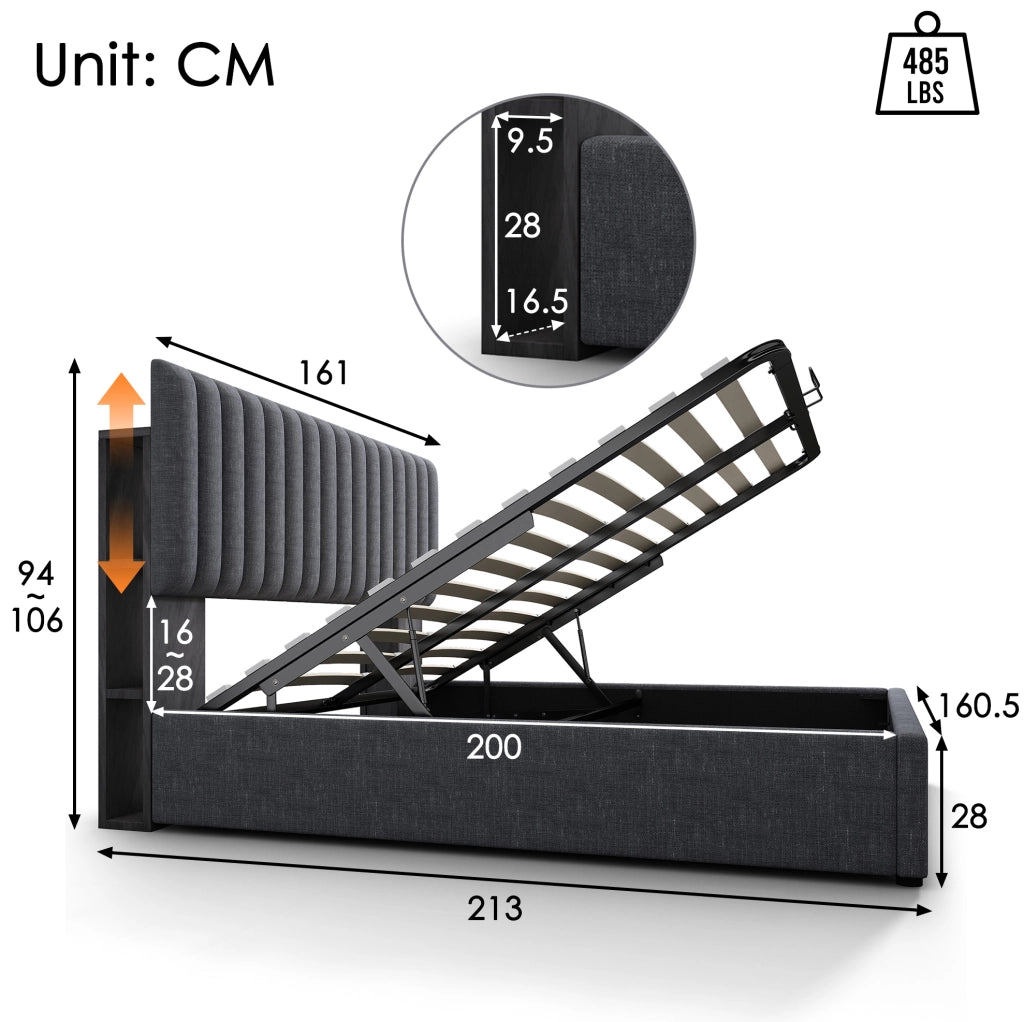 Letto matrimoniale imbottito ULEVR 160x200 cm con contenitore, LED con app, USB e Type-C, grigio