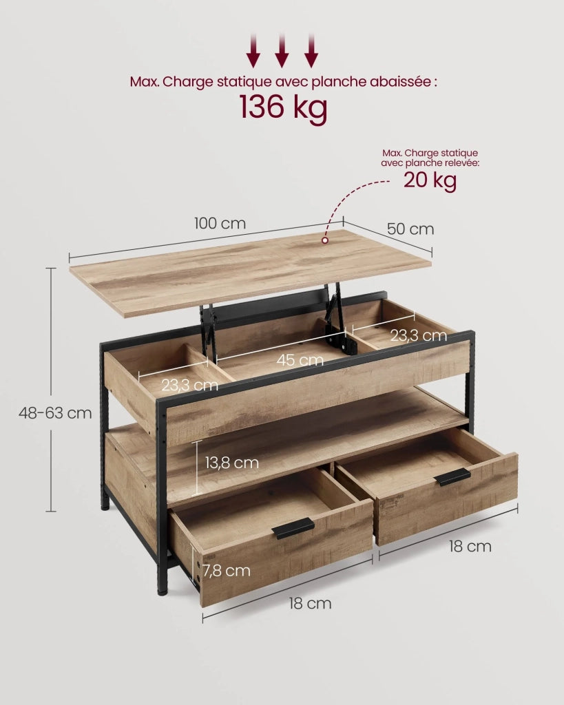 Tavolino da caffè/tavolino da soggiorno con piano sollevabile 50 x 100 cm cassetti con vano a giorno e vano nascosto marrone 12_0007480