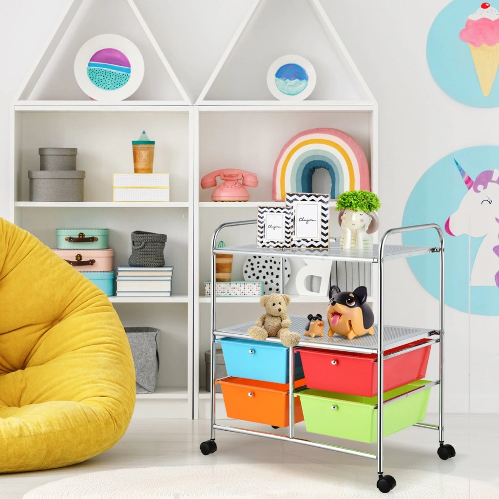 Carrello multiuso con ruote, Carrello con 4 cassettiere e 2 piani per cucina bagno 63,5x37x75cm Colorato 2-Carrelli