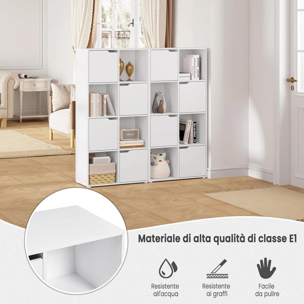 Libreria Autoportante, Libreria Bianca a 8 Cubi Portaoggetti, Porta Libri con 4 Ante, Scaffale Portaoggetti per Soggiorno, Ufficio, Studio, in Legno, SK039ws