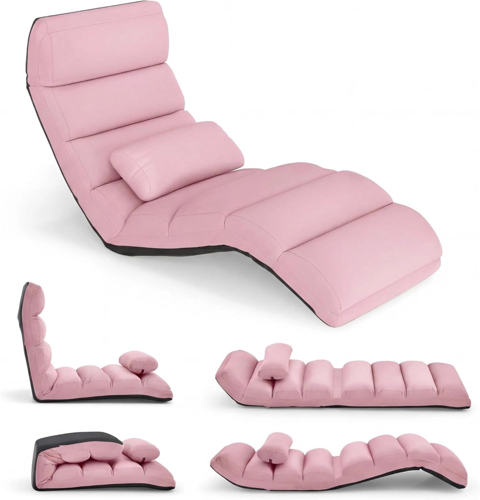 Poltrona Relax, Sedia Pieghevole da Pavimento, Divano Letto da Terra con Cuscino e Schienale Regolabile in 5 Posizioni, Sedia Imbottita Relax per Soggiorno, Camera da Letto (Rosa)