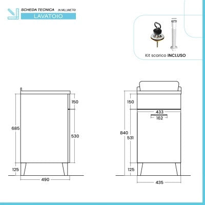 Mobile lavatoio 45x50 cm grigio calce vasca in ceramica e kit di scarico Moon