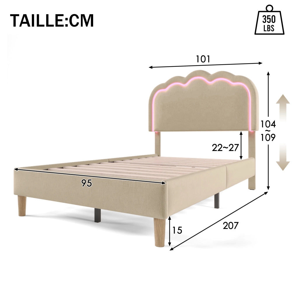 Letto Singolo 90 × 200 cm con Testiera Regolabile e LED; senza Materasso; in Lino; Beige