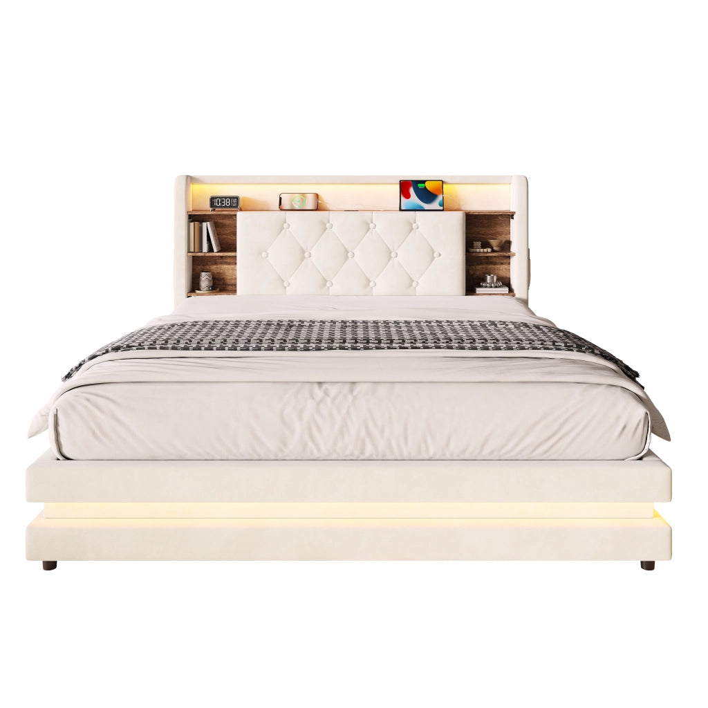 Letto Contenitore 140x200 cm Matrimoniale; LED; USB; Type-C e Ripiani in Velluto Beige