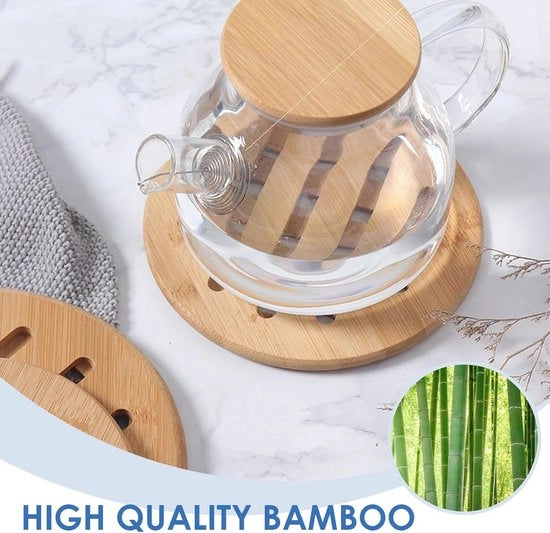 Set di 4 Sostegni in Bambù Resistenti al Calore - Ecocompatibile - Protezione Perfetta per la Tavola - 2 Rondi e 2 Quadrati - Ideali per Teiera e Accessori