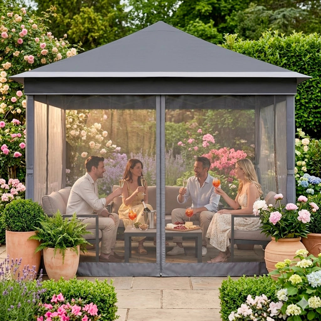 Gazebo Pieghevole Da Esterno Per Giardino Con Zanzariere Laterali Copertura Oxford UV50+ Struttura In Metallo Regolabile Pop Up Con Borsa Trasporto Per Eventi Outdoor 360 x 360 x 310 Cm Grigio Scuro