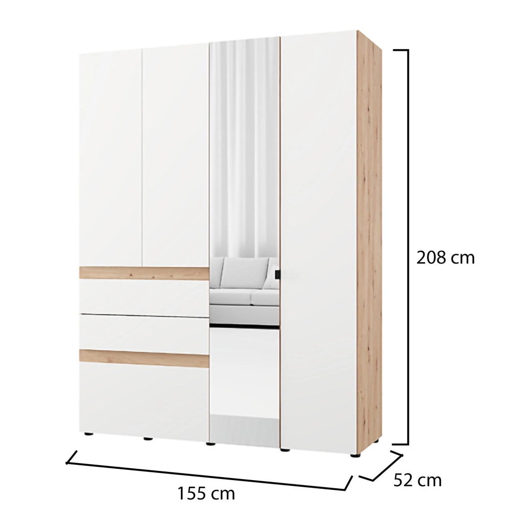 Armadio Camera da Letto Ushuaia, Guardaroba Grande 3 Cassetti, 155x208h cm Bianco Opaco
