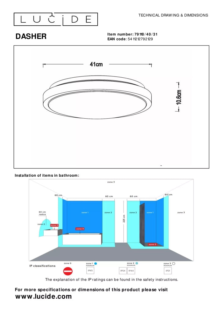 Plafoniera bagno LED rotonda 41cm 24W IP44 Lucide Dasher
