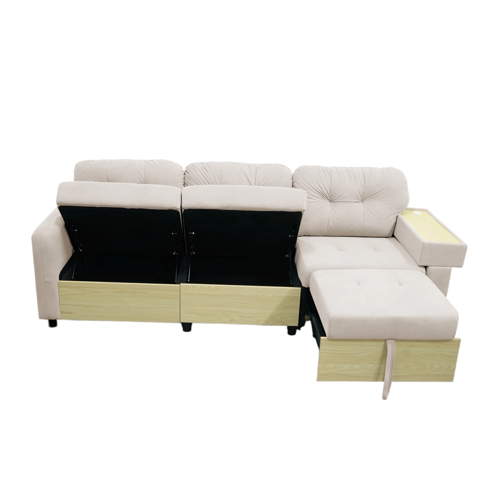 Divano Angolare 3 Posti con Penisola Estraibile, Contenitore e Braccioli in Legno ¨C MINIMAL ¨C Velluto Verde/Beige