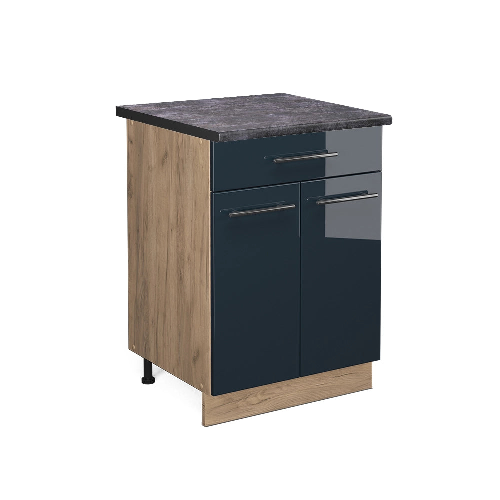 Mobiletto base per cucina Fame-Line Blu scuro lucido/Rovere dorato 60 cm con cassetto, PL Antracite Vicco