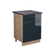 Mobiletto base per cucina Fame-Line Blu scuro lucido/Rovere dorato 60 cm con cassetto, PL Antracite Vicco