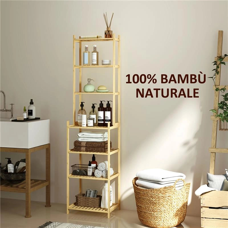 MOBILE SCAFFALE BAGNO A 7 RIPIANI PORTAOGGETTI IN BAMBÙ 44X33X180 CM COLOR LEGNO