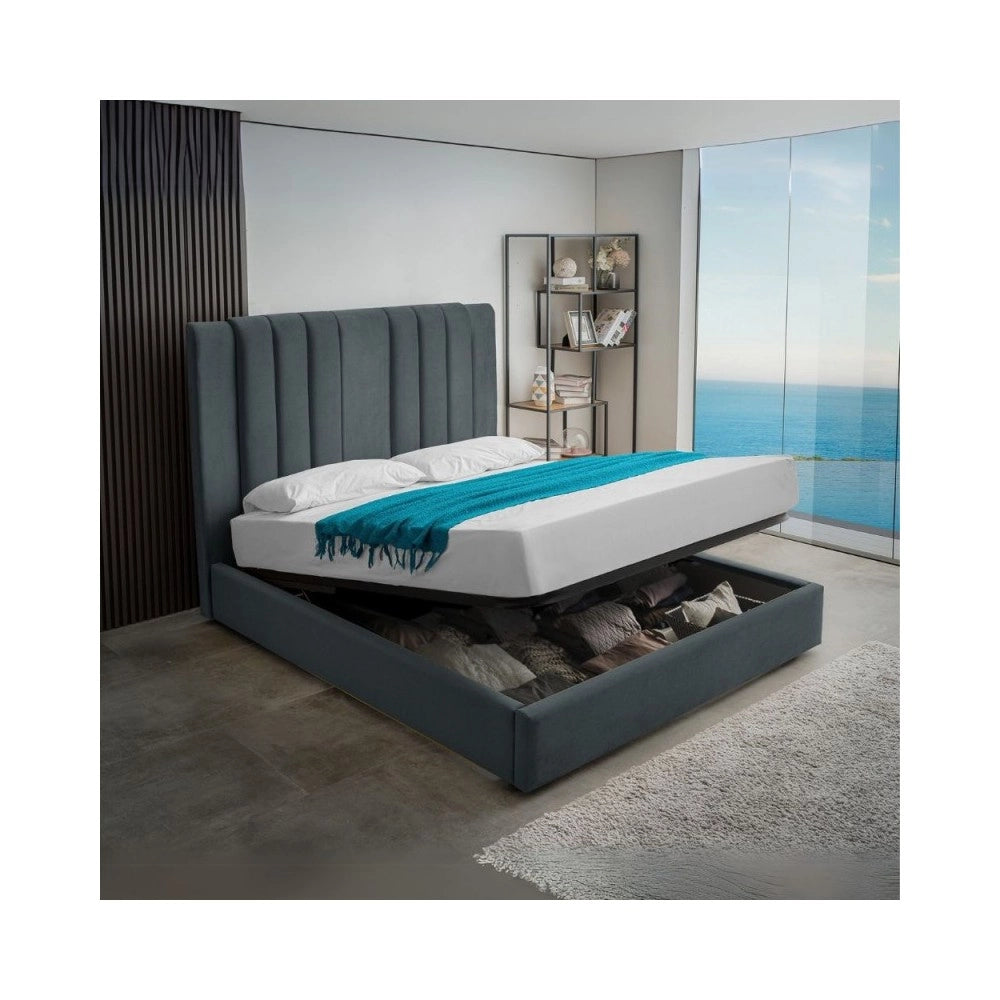 Letto matrimoniale Wilma imbottito con contenitore in tessuto Vogue colore blu pacific