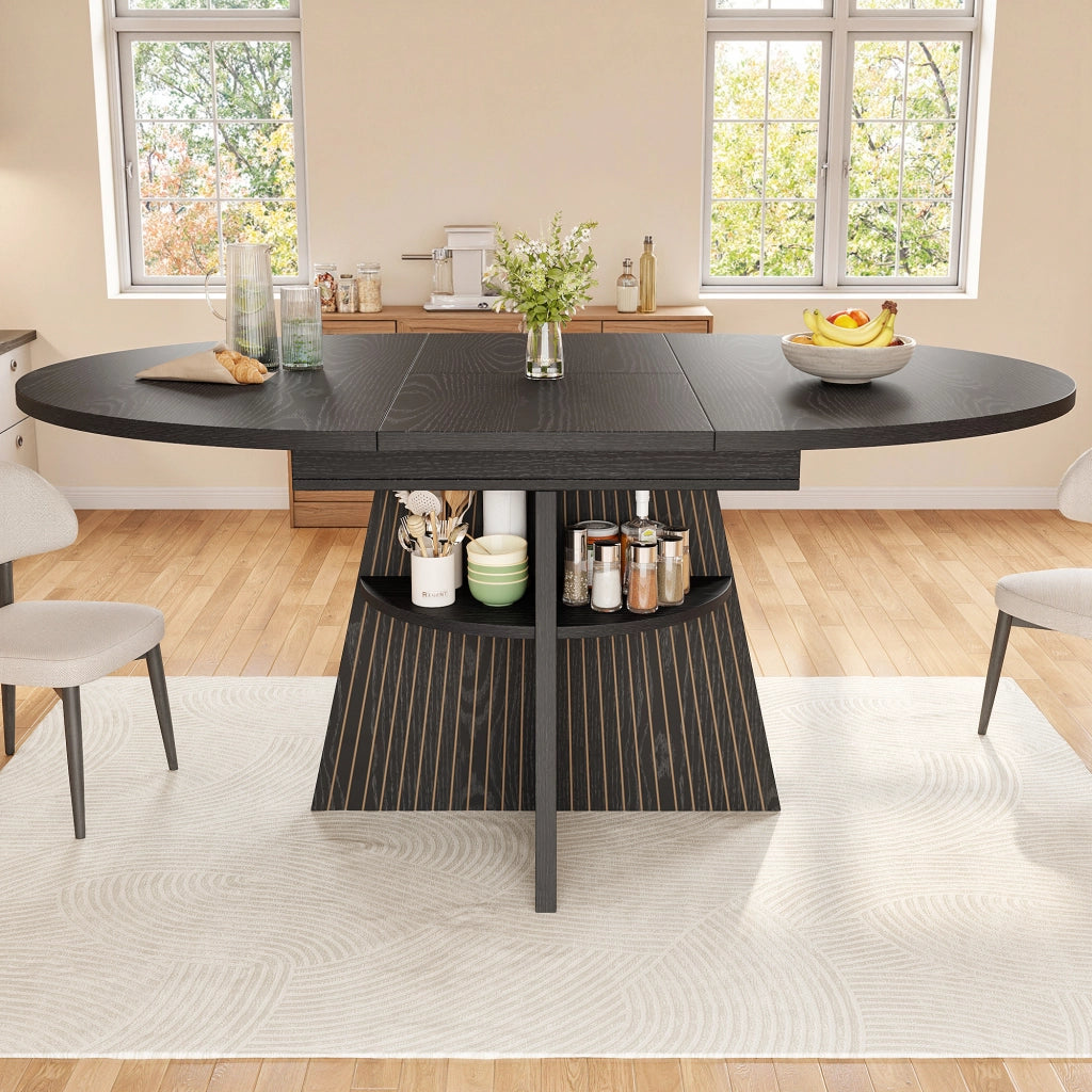 Tavolo allungabile con vano aperto e angoli arrotondati, per 2-8 persone, in MDF e metallo, nero, 110-150 × 110 × 76 cm