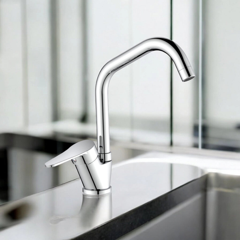 Miscelatore per cucina in ottone cromato, canna a ponte