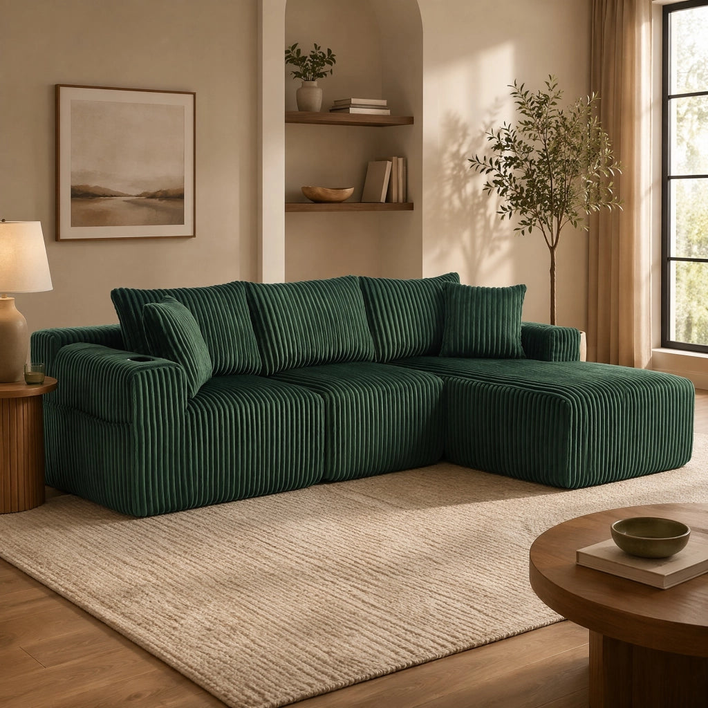 Divano modulare in velluto a coste verde smeraldo con chaise longue