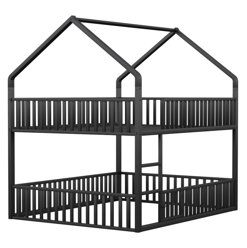 Letto a castello 140x200 cm a forma di casa con scaletta frontale in metallo nero