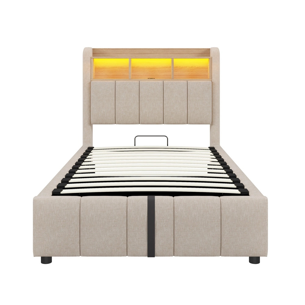 Letto bambino-Xylo-90x200 cm-LED, USB, ripiani, idraulico, lino beige