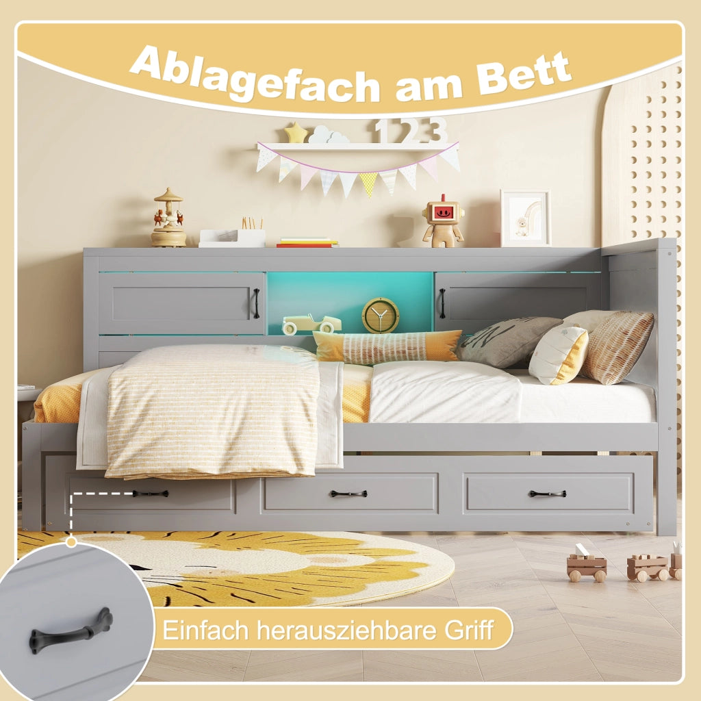 Letto matrimoniale 90×200 cm con letto estraibile; prese USB e LED; vano portaoggetti; senza materasso; grigio