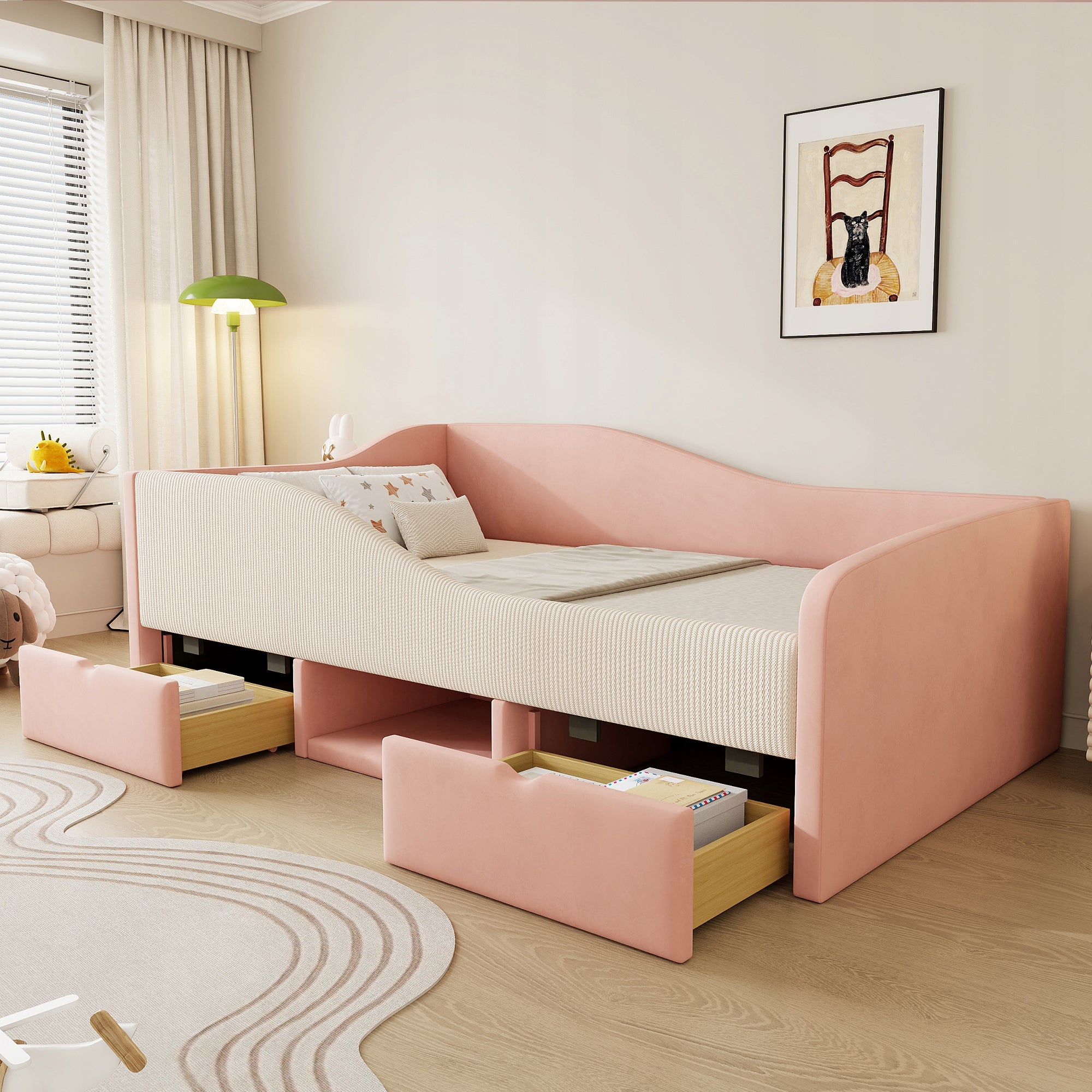 Letto imbottito 90x190 - Xylo - Rosa-crema, 2 cassetti