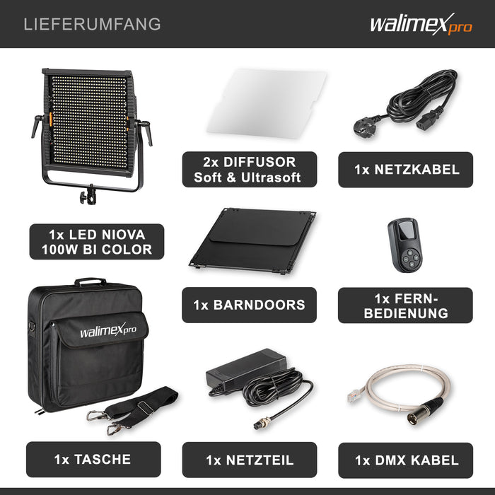 luce LED dimmerabile 100W bicolore + slot per batteria I Luce video e luce fotografica Niova 100-F, 3.200-5.600K, 9.000LM I Luce da studio e luce continua mobile I Luce per streaming