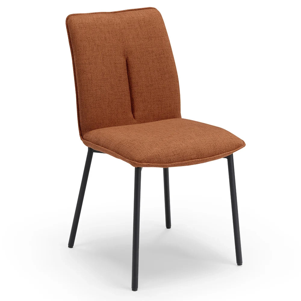 Sedia imbottita CAMILLA per cucina, sala da pranzo e soggiorno, design moderno, gambe coniche robuste finitura ghisa, schienale e seduta rivestiti con tessuto effetto doppio tono colore Ruggine